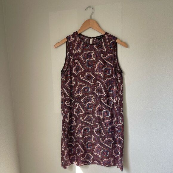 Theory Brindina Veranda Silk Leather Trim Paisley Print Shift Dress - Picture 3 of 12